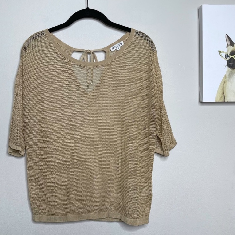 REISS Metallic Gold Sheer Blouse w/ Tie Up Back Size Medium